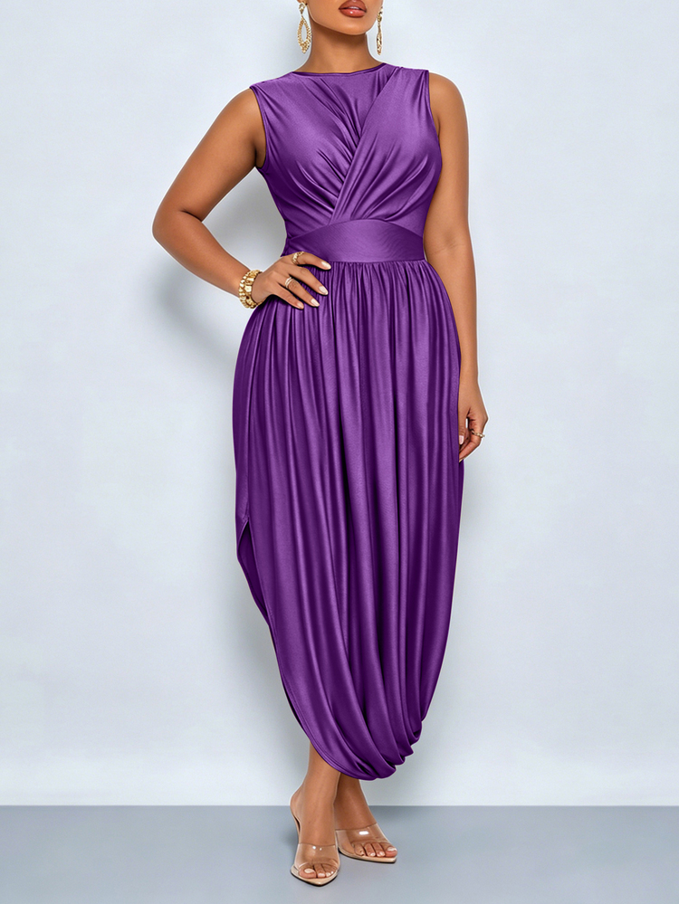 SOLERSUN Plus Size Women's Solid Color Round Neck Waist-Cinching Sleeveless Elegant Dress - Violet Purple - View 2