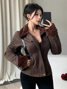 DAZY Women's Vintage Faux Suede Short Jacket With Fur Collar, Autumn/Winter - Brown - View 2