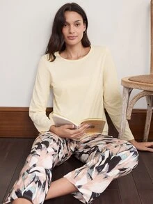 Doze Lane Minimalist Solid Color Long Sleeve Top + Abstract Art Print Long Pants Loungewear Casual Set - Multicolor - View 6
