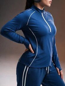 Powerista Women's Plus Size Navy Blue Color Performance Sports Jacket Flexible Zip Stand Collar With White Stripes For Running And Training - Navy Blue - View 1