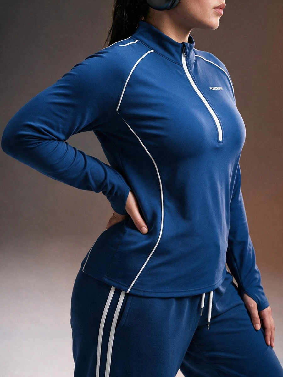 Powerista Women's Plus Size Navy Blue Color Performance Sports Jacket Flexible Zip Stand Collar With White Stripes For Running And Training - Navy Blue - View 1