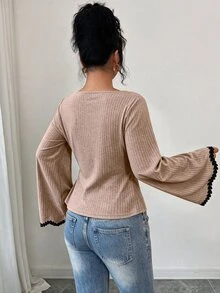 Selianne 女款秋冬收腰抓皺飾帶拼接鏤空波浪下擺休閒通勤T恤 - 棕色 - 查看 2