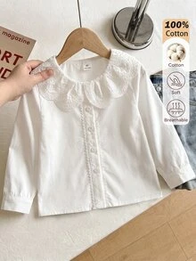SHEIN 1件日韓風春夏/秋季薄款單件開學甜美蕾絲飾邊彼得潘領白色襯衫，寬鬆長袖通勤百搭青春內搭上衣，時尚甜美白色小襯衫，韓風女孩襯衫 - 白色 - 查看 2