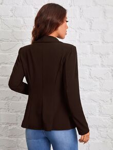SHEIN PETITE 秋冬通勤穿搭，綠色水果領單扣黑色西裝外套 - 棕色 - 查看 3