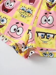 SpongeBob SquarePants | SHEIN Women's Round Neck Short Sleeve T-Shirt And Shorts Pajama Set - Yellow - View 6