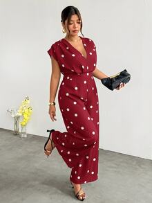 Firerie Plus Size Fashion Polka Dot Print Pleated Loose Jumpsuit - Burgundy - View 1