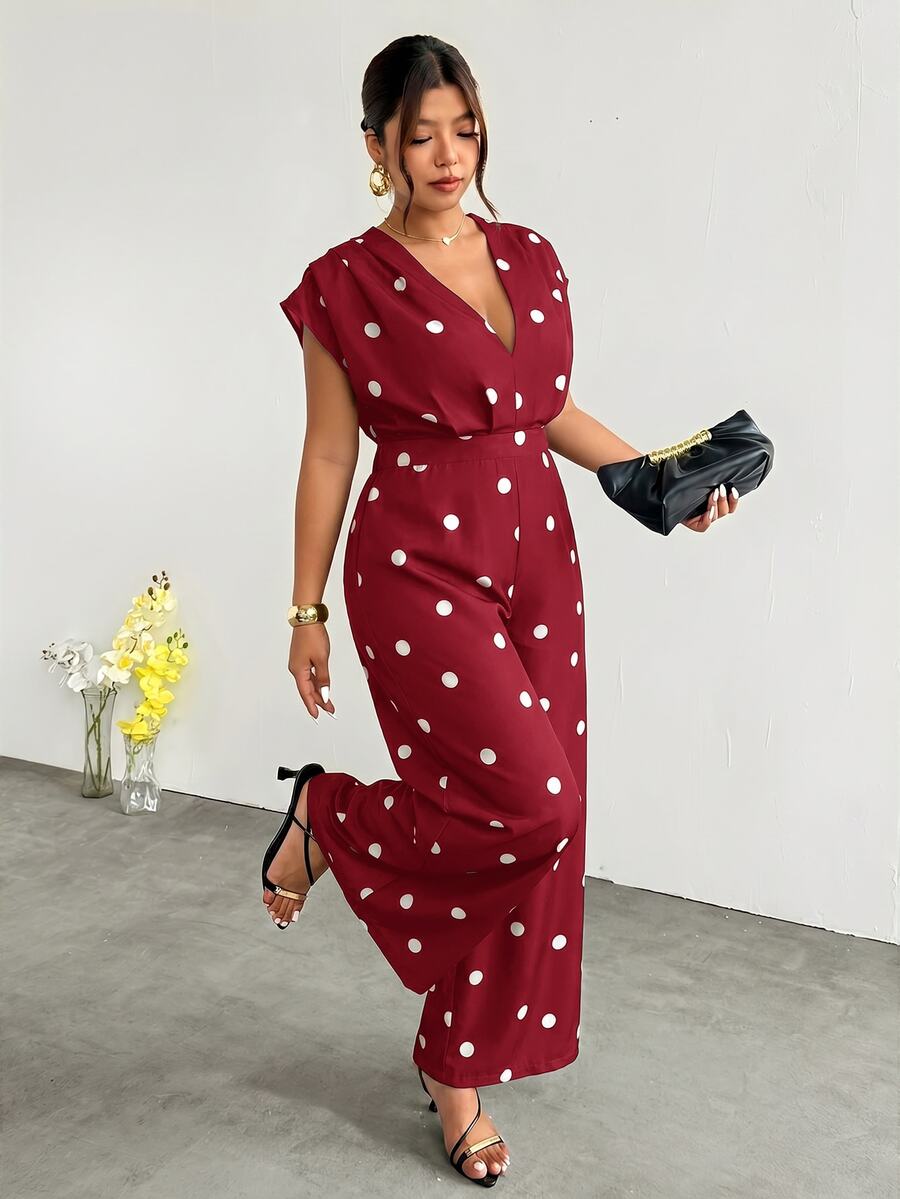 Firerie Plus Size Fashion Polka Dot Print Pleated Loose Jumpsuit - Burgundy - View 1
