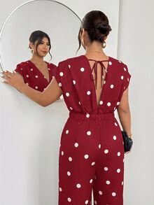 Firerie Plus Size Fashion Polka Dot Print Pleated Loose Jumpsuit - Burgundy - View 2