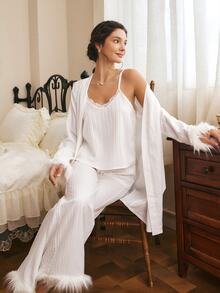 Côtesoire Women's Patchwork Fuzzy Camisole And Long Pants Pajama Set - White - View 5