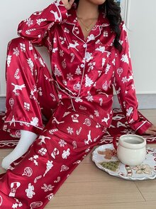 ZzzCrew Women's Faux Silk All-Over Print Deer & Gift Christmas Theme Allover Print Open Front Pajama Set - Red - View 4