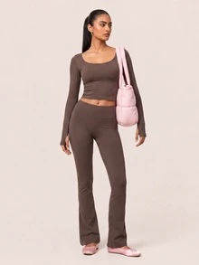 SHEIN BAE Setelan Atasan Lengan Panjang Tanpa Jahitan Wanita dan Legging Pinggang Tinggi untuk Olahraga, Lari, Yoga, Atletik, dan Santai, Warna Cokelat Tua, Cocok untuk Musim Gugur. - Coffee Brown - View 6