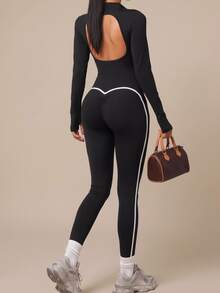 SHEIN BAE Jumpsuit Olahraga Kasual Wanita Motif Blok Warna untuk Perjalanan Sehari-hari - Hitam - View 7