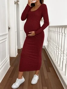 SHEIN 孕婦純色休閒日常夏季洋裝 - 酒紅色 - 查看 3