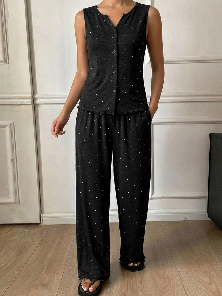 DAZY 2pcs Polka Dot Print Sleeveless Button-Front Tank Top & Straight Leg Long Pajama Pants Set, Summer Women's Sleepwear - Black - View 5