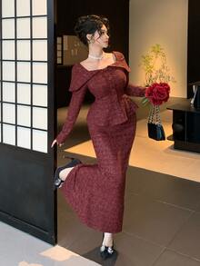 DAZY Women's Solid Color Long Sleeve Top And Skirt Fashion Set Fall - Burgundy - View 7