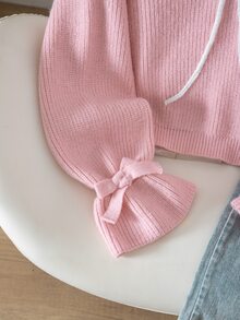 SHEIN Girls' Pink Fashionable Bow Pattern Jacquard Knit Pullover Sweater Long Sleeve Top - Pink - View 6