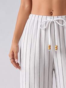 Breezaya Women's Drawstring Waist Striped Casual Versatile Cover-Up Long Pants - White - View 6