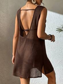 SHEIN Swim 女款純色露背無袖度假罩衫洋裝 - 咖啡棕 - 查看 1