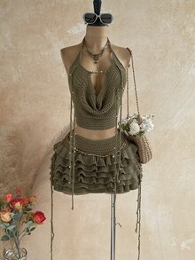 Soleia Women's Plus Size Olive Green Knit Vacation Set - Army Green - View 1