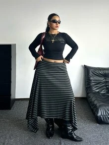 POPSWAY Plus Size Punk Asymmetrical Vertical & Horizontal Striped Vintage Midi Skirt - Black - View 3