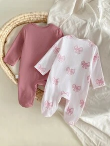 2件組新生兒可愛白色與粉色蝴蝶結印花長袖連腳睡衣，柔軟材質休閒秋冬睡衣 - 粉色 - 查看 2