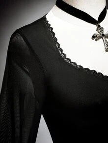 SHEIN ICON Women's Plus Size Sweetheart Neckline Bell Sleeve Mesh Patchwork Black Top - Black - View 7