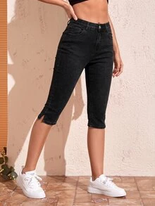 SHEIN Frenchy 女款休閒日常牛仔七分褲，附口袋與鈕扣設計 - 軍綠色 - 查看 5