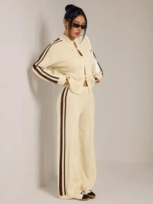 SHEIN PETITE Petites New Chinese-Style Autumn/Winter Set Featuring A Frog-Button Cardigan And Trousers - Apricot - View 6