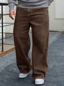 DAZY Spring/Autumn Brown Washed Distressed Semi-Elastic Waist Straight Leg Plus Size Men's Jeans - Brown - View 5