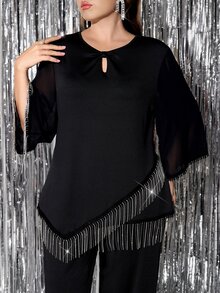 Reflora Plus Size Women Tassel Design Top And Long Pants Casual Daily 2 Pieces Set - Black - View 5