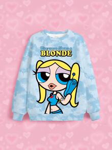 THE POWERPUFF GIRLS X SHEIN 青少年女孩字母卡通圖案休閒日常長袖運動衫 - 白色 - 查看 6