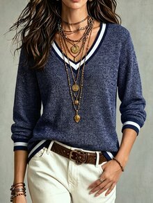 Balvessa Women's Striped Trim V Neck Sweatshirt, Ribbed Knit Long Sleeve Loose Casual Pullover Top - Navy Blue - View 4