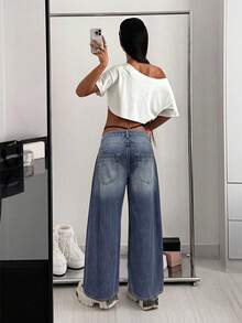 SHEIN Celana Jeans Denim Retro Model Lebar dengan Pinggang Tinggi, Desain Banyak Saku, Potongan Longgar, Cocok untuk Sehari-hari, Serbaguna, Panjang Hingga Lantai - Medium Wash - View 2
