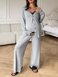 Dazy Maternity Maternity Colorblock Lace Camisole And Adjustable Waist Long Pants With Long Sleeve Cardigan Set - Grey - View 6