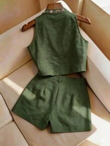 Flora Isola Flora Isola 女款夏季刺繡兩件套，清爽亞麻感無袖上衣與短褲套裝，刺繡立領無袖上衣兩件套，日常通勤休閒穿搭 - 綠色 - 查看 2