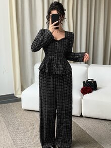 DAZY Women's Lace Patchwork Button Top And Loose Pants Elegant Two Pieces Set Fall - Black and White - View 5