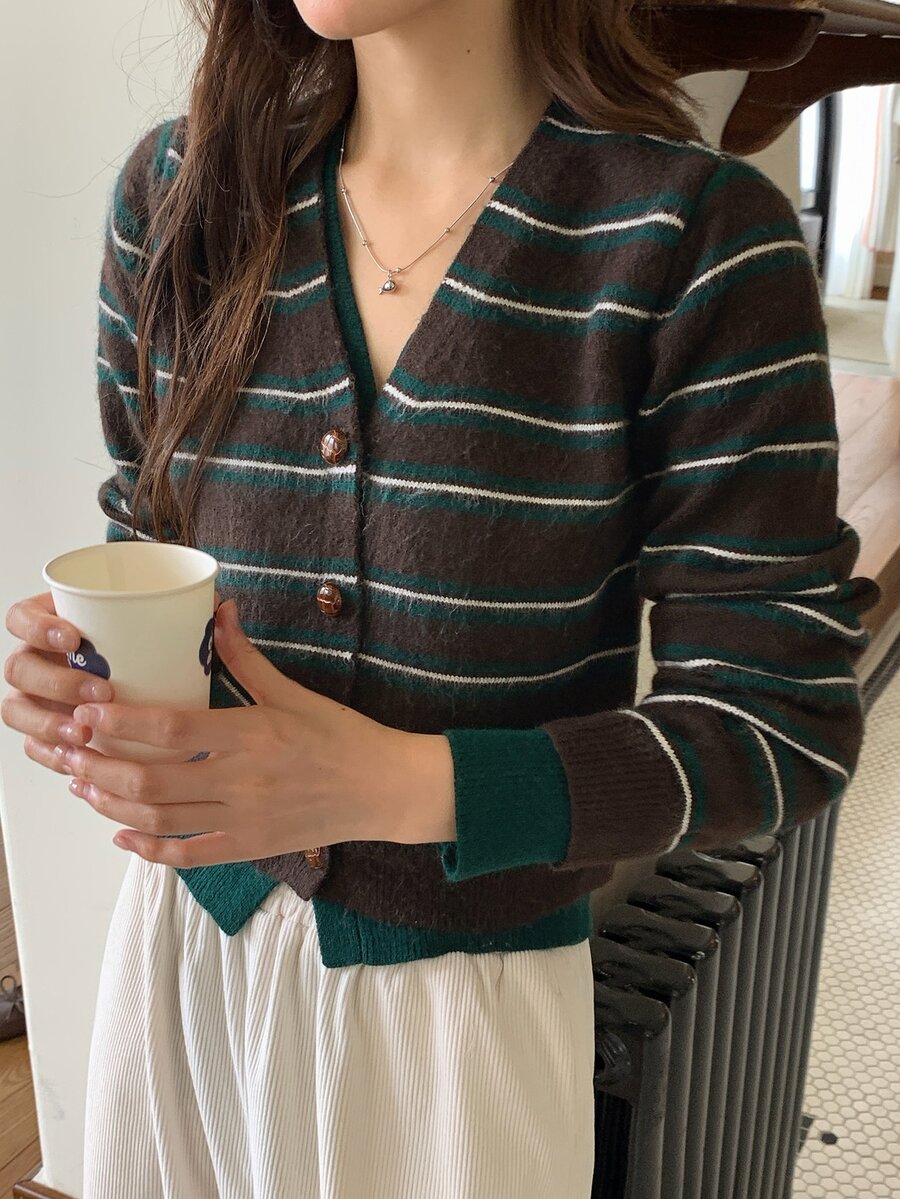 DAZY 女款V領條紋開襟針織衫,休閒都市風長袖上衣 - 綠色 - 查看 1