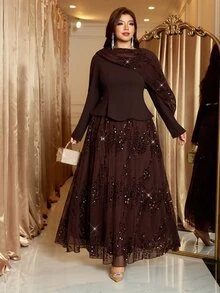 Reflora Plus Size Elegant Party Sequin Patchwork Dress - Brown - View 5