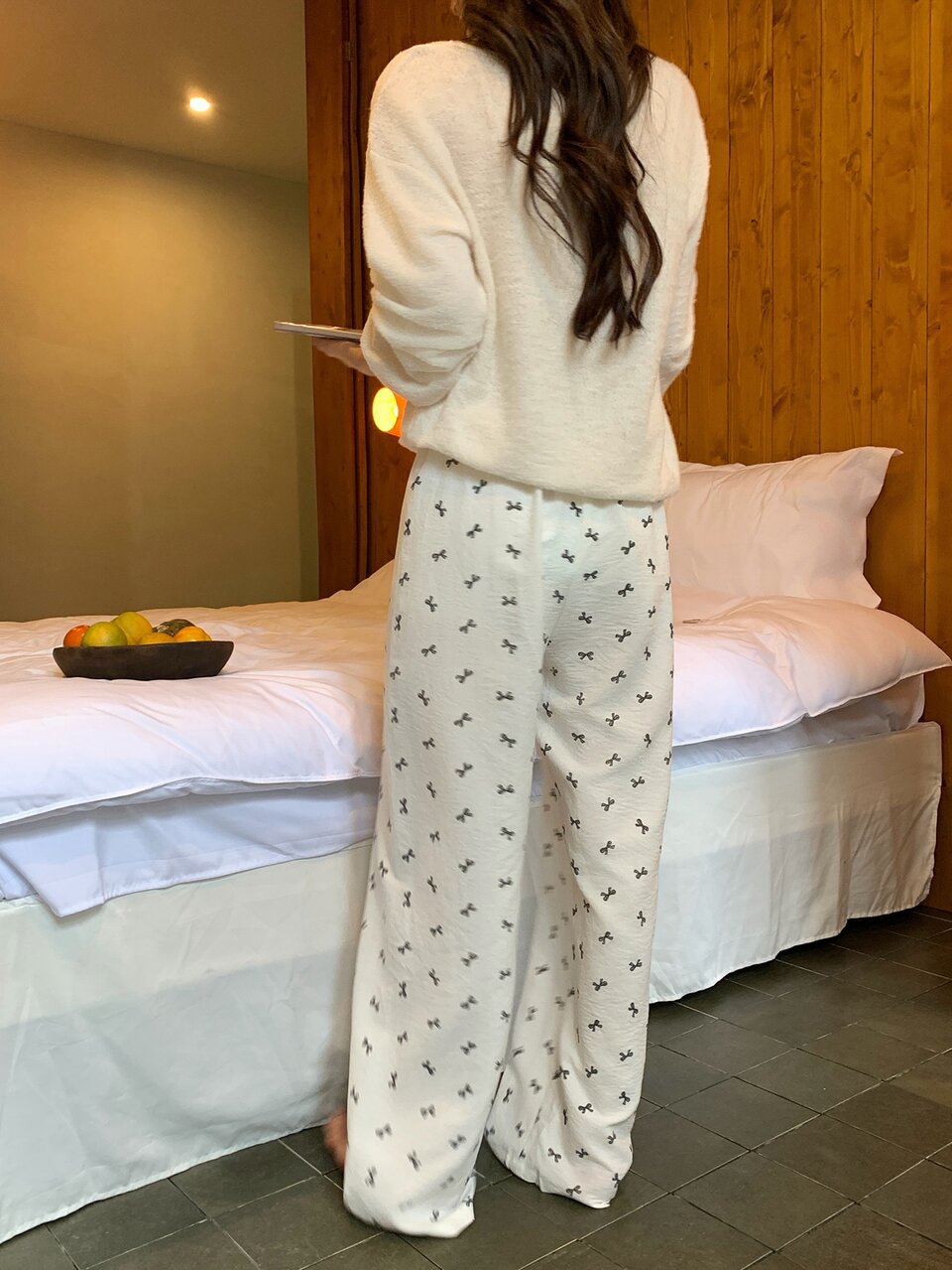 Women's Solid Color Drop Shoulder Long Sleeve Top, Camisole And Bow Pattern Long Pants Pajama Set Fall