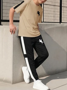 青少年男孩休閒舒適時尚極簡圓領短袖T恤與長褲套裝 - 白色 - 查看 2