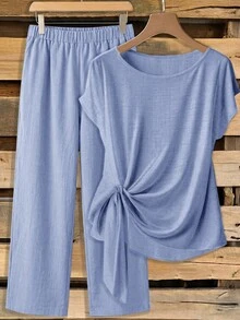 SHEIN Clasi Women's Summer Vacation Casual Versatile Shirt & Pants Set - Baby Blue - View 3