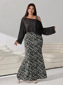 Solflare Plus Size Women's Floral Print Dress And Long Sleeve Top Fashion Set - Black - View 5