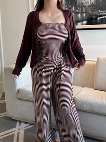 Vibekara Plus Size Solid Color Knit Cardigan, Striped Top With Slim Fit And Drawstring Detail, Elegant Casual Commute Daily Wear, Autumn Essential - Brown - View 8