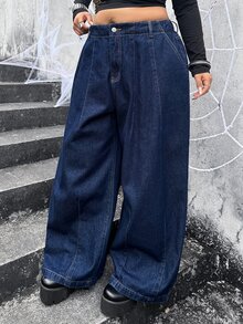 Jeanoix Plus Size Women's Casual Denim Wide Leg Pants With Pockets - Blue - View 5