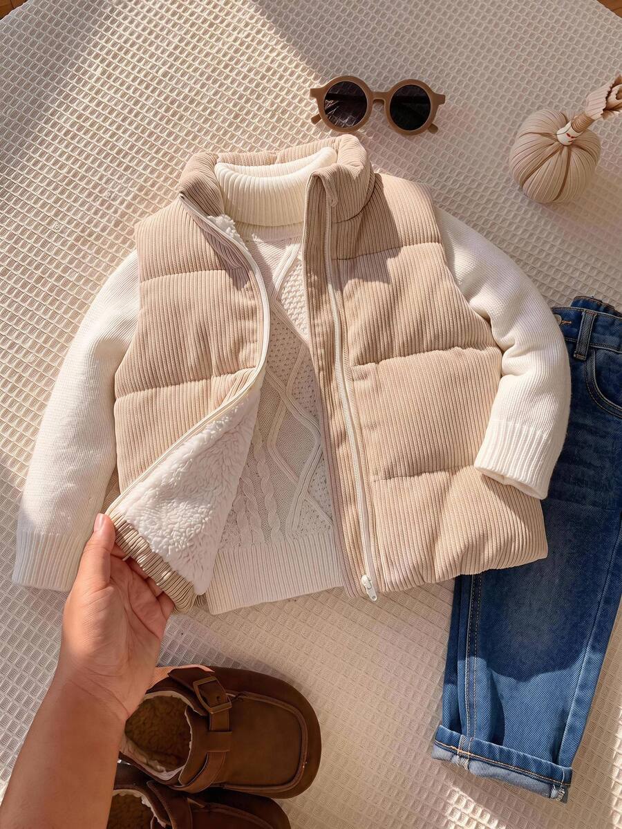 SHEIN Rompi Bayi Perempuan Tenun Warna Polos Kerah Tegak Tanpa Lengan dengan Bantalan untuk Musim Gugur dan Musim Dingin - Aprikot - View 1