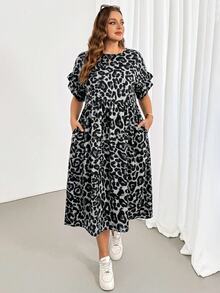 SHEIN Essnce Plus Size Women's Spring Summer Fashion Casual Loose Cool Comfortable Daily All-Match Versatile Slimming Brown Leopard Print Ruffle Short Sleeve Midi Dress With Pockets, Outing Outfit, Vacation Dress - Grey - View 3