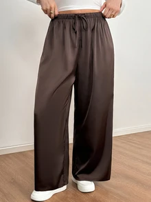 Shapeblank Plus-Size Women's Spring And Autumn Fashionable Casual Loose Comfortable Brown Satin Elastic Waist Wide-Leg Pants,Fall Outfits,Simple Style - Brown - View 7