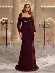 Glamrae Plus Size Elegant Burgundy Minimalist Sophisticated High Elastic Mesh Lace Sequin Embroidered Sheer Long Sleeve Sequins & Diamond Decor Waist-Flattering Ruched A-Line Mermaid Hem Evening Gown For Date, Single Party, Wedding, Event, Heavy Work Formal Dinner - Burgundy - View 7