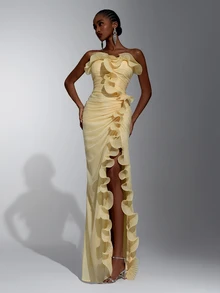 Elitara Elegant Pale Yellow One-Shoulder Ruched Organza Evening Gown With Ruffle Trim, High Slit And Floor-Length Fitted Silhouette For Wedding Guest, Bridesm - Yellow - View 2