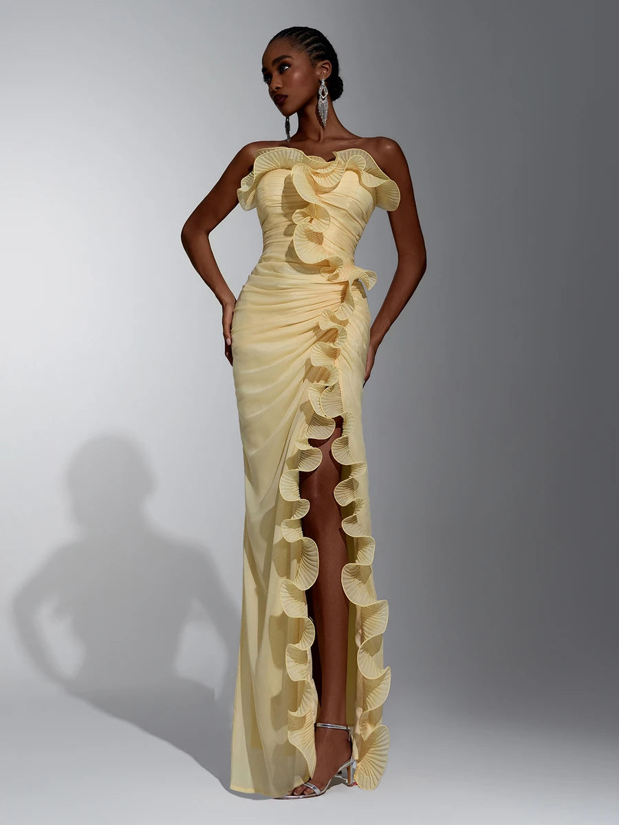Elitara Elegant Pale Yellow One-Shoulder Ruched Organza Evening Gown With Ruffle Trim, High Slit And Floor-Length Fitted Silhouette For Wedding Guest, Bridesm
